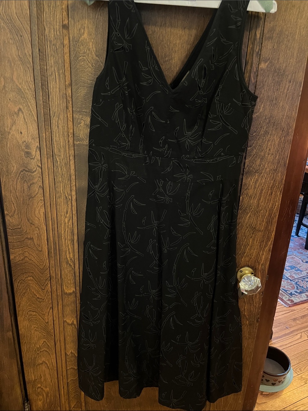 J. Crew Black V-Neck A-Line Dress with Subtle Leaf Pattern